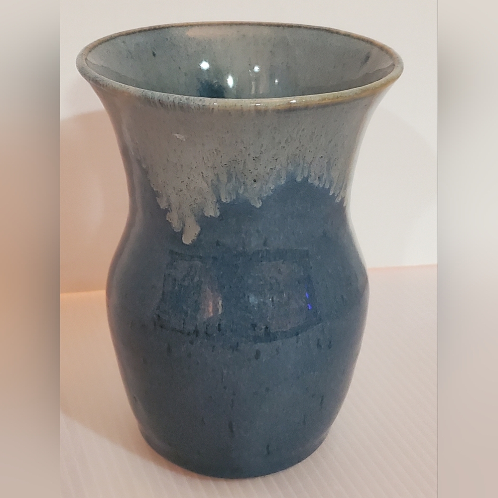 VTG Studio Art Drip Glaze Pottery Bud Vase Signed 1999 90s Blue Denim 5"
